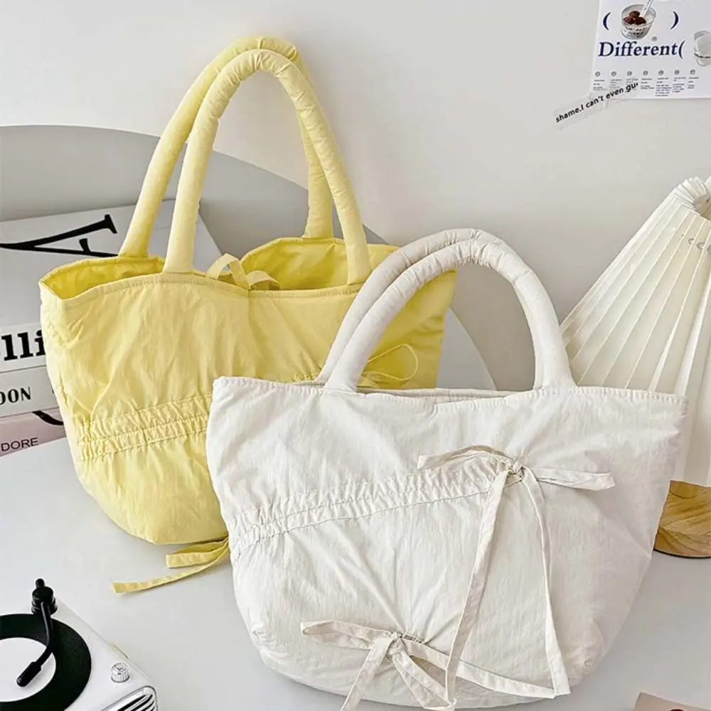 Cool Nylon Pleated Design Hand Bag Stuffed Cotton Bow INS Shoulder Bag Korean Style Portable Mini Tote Bag Travel