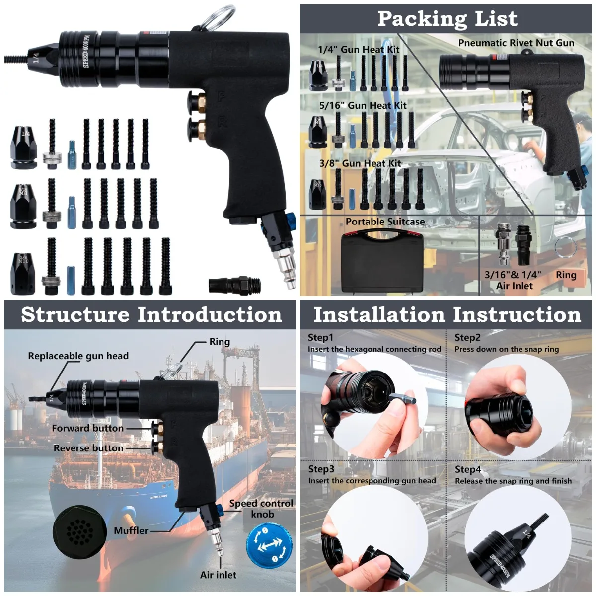 

Heavy-Duty Black Pneumatic Rivet Gun Kit with 1/4', 5/16', 3/8' Mandrels, Includes 1/4' & 3/8' Air Inlet Fittings