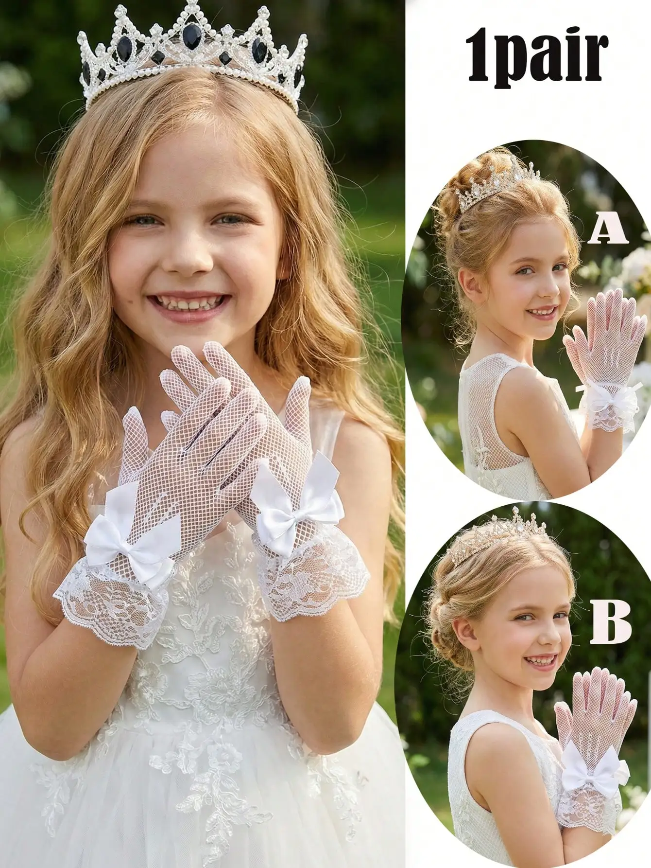 1Pair 4-12Y Kids White Elastic Mesh Gloves With Bow Formal Gloves For Beauty Pageant Ballet Wedding Birthday Party