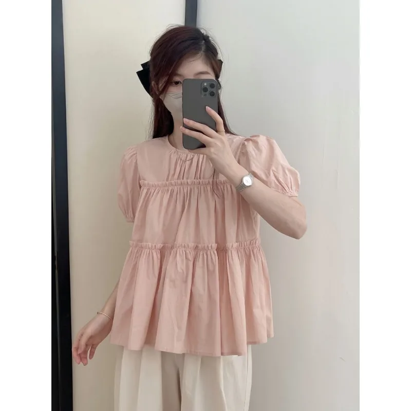 Ruffles Shirts and Blouses Korea Solid Summer Top Women 2024 Elegant and Youth Woman Blouses Solid Fashion Short Sleeve Clolthes