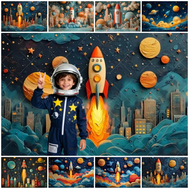 Weltraumrakete Fotografie Hintergrund Cartoon Raumschiff Mars Kinder Dusche Junge alles Gute zum Geburtstag Party Ornamente individuell