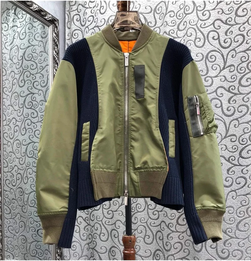 Top Quality New Jackets 2024 Autumn Winter Coats Women Knitted Patchwork Long Sleeve Green Black Casual Bomber Jackets Outwear