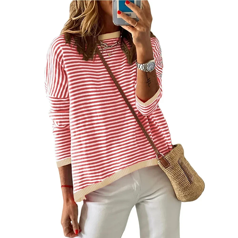 

2025 женский новый осенне-зимний свитер, топ с круглым вырезом, полосатый контрастный повседневный вязаный пуловер, топ, женский теплый трикотаж 2025