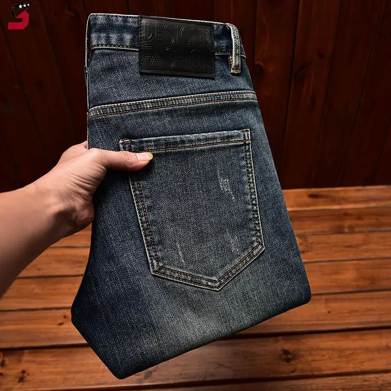 High-End Trendy Men's Jeans with Rips and Patches, Stretchy Fashionable Korean Style Slim Fit Blue Long Pants