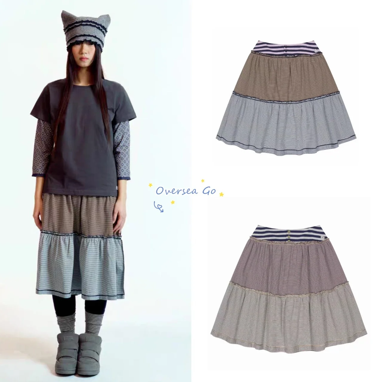 

Coyseio Spring Summer New Loose Casual Color Block Striped Half Skirt High Waist A-Line Cotton Comfortable Breathable Skirt