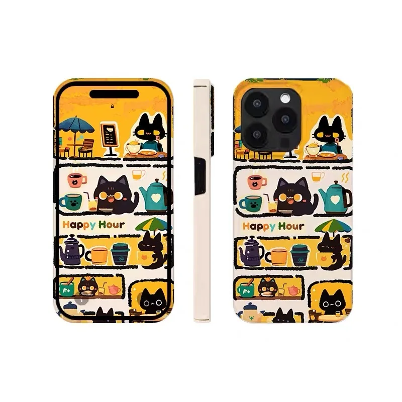 Yellow Black Cat Cafe Cartoon Phone Case for IPHONE 17 Air 16E 15 PROMAX 14 Plus 13 12 MINI 11 PRO 16Plus XR Acrylic Phone Cover