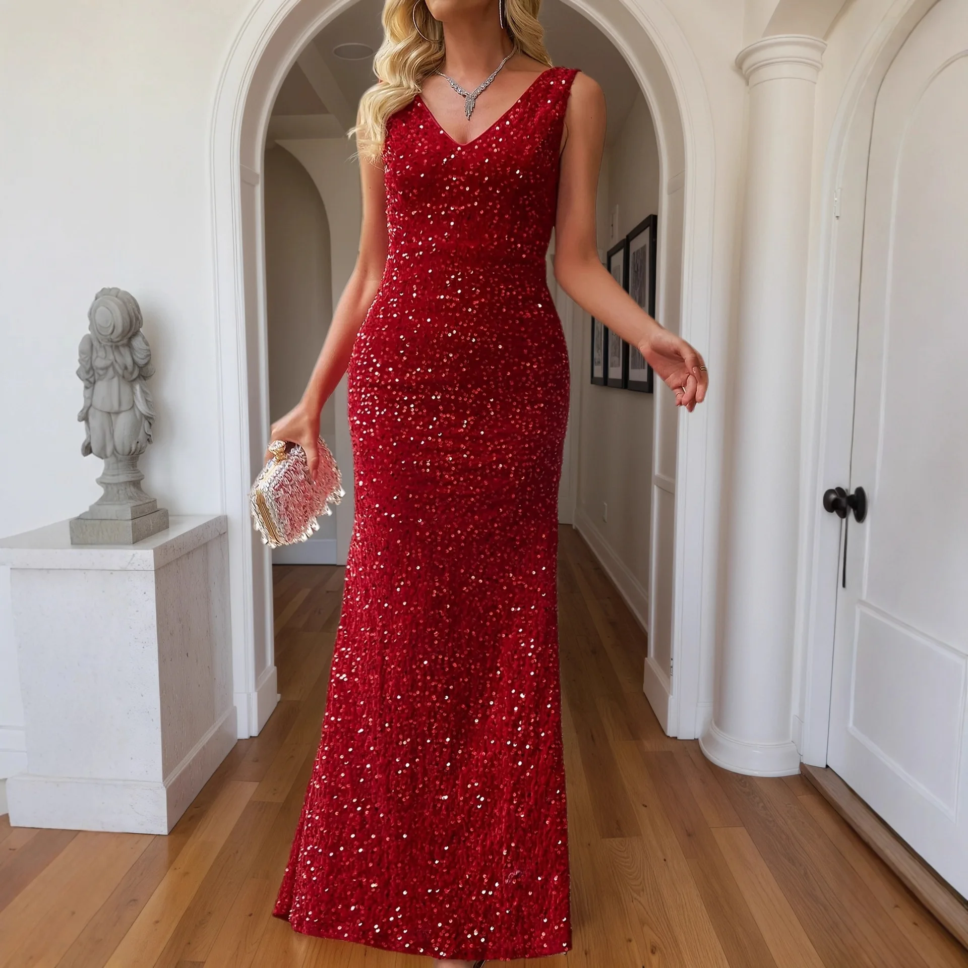 

Evening Gown Mid Length Slimming Shoulder Strap Sequin Bead One-Piece Dress with Split V-Neck Sexy