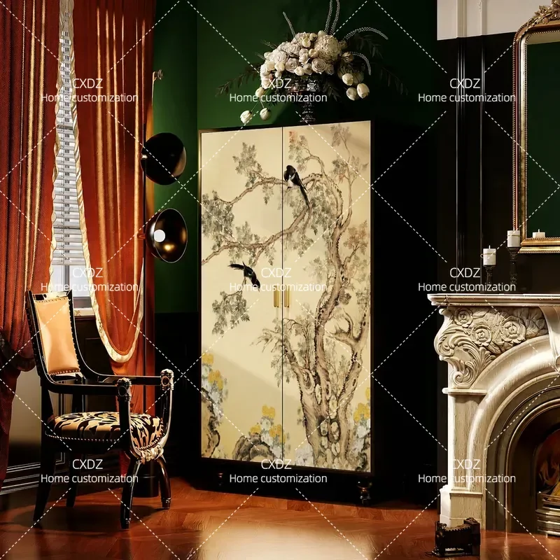 New Chinese Zen Style Solid Wood Wardrobe with Floral Map Design Living Room Bedroom Dresser Porch Storage Cabinet Locker