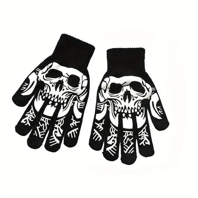 Halloween-Skelett-Handschuhe, 1 Paar – Vollfinger-Strickhandschuhe mit Totenkopf-Aufdruck, gruselige Kostüm-Requisiten für Männer und Frauen