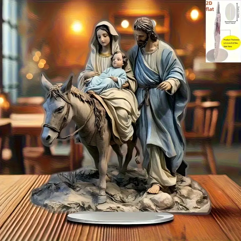 Religious Scene Household Ornament 2D Acrylic Stand, Holy Family Nativity Print Acrylic Ornament Tabletop Display Housewarming G