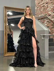 Vestido de graduación de lentejuelas con volantes escalonados de un hombro,vestidos de festa, vestidos de gala, vestido de noche, vestido festa lavanda,vestidos cortos para fiesta,vestido de festa tule