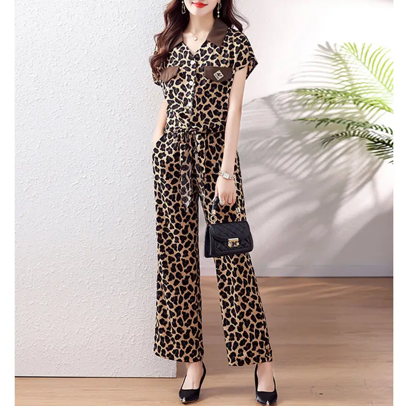 Spring Summer New Fashion Women's Clothing Polo Neck Short Sleeve Jumpsuits Casual Loose Sweat Leopard Print Female Clothes Suit