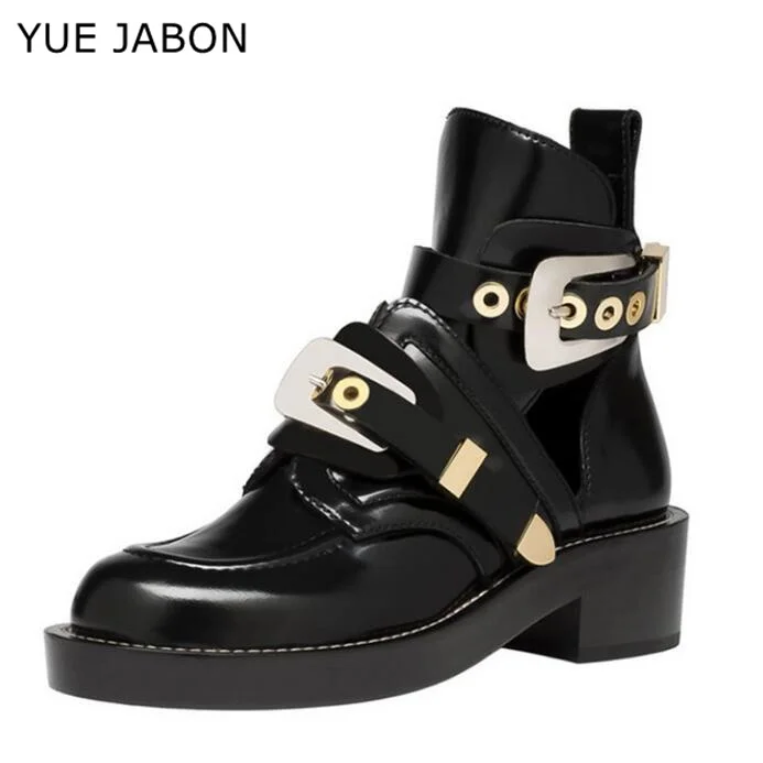 Cut-out leather ankle boots gold sliver buckles hardware boots punk shoes classic Biker boots round toe motorcycle boots