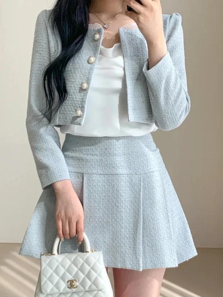 Moda Korea Elegancki Tweed Mały Zapach Krótka Kurtka Przycięte Płaszcze + Wysoka Talia Mini Spódniczki Garnitury Slim Damskie Dwuczęściowe Zestawy