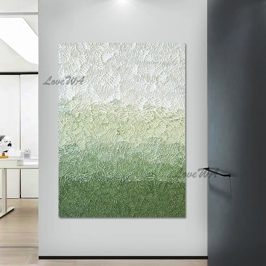 Cheap Canvas Picture, White Green Acrylic Knife Art Paintings, Frameless, Abstract Thick Textured Hand Drawing Wall Decoration