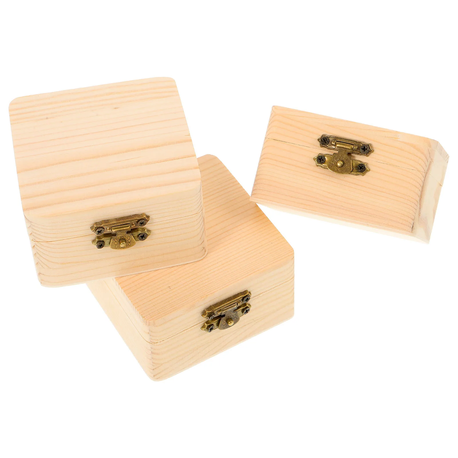

3 pcs Wooden Packaging Box Thickened Diy Unfinished Lock Case For Jewelry Storage Square Wood Craft Box Home Office Project Tool