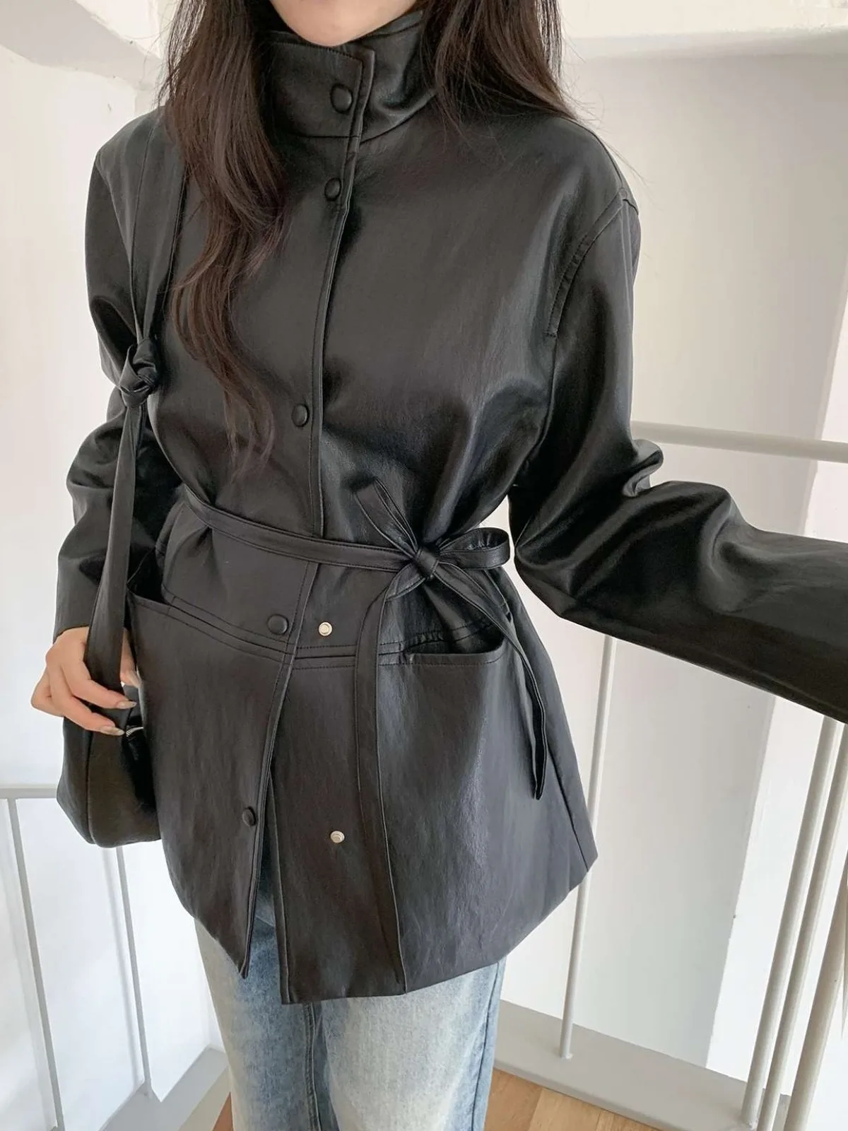 Korean Sle Retro Biker Jaet Belted Waist PU Leather Coat Women's Faion Autumn Winter New Arrival Versatile Outerwear