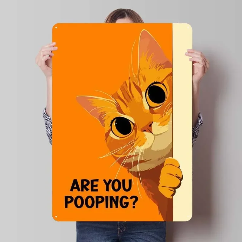 Orange Cat Are You Pooping Sign Funny Poster Metal Wall Art of Murals Retro Metal Tin Sign Plaque for Toilet Wall Art Decoration