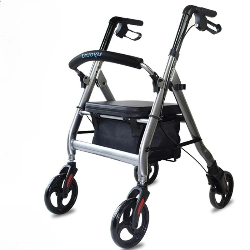 Aluminum Shopping Cart with Rubber Wheels Rollator Walker for Seniors,Lightweight Foldable All Terrain Elderly Walker with Seat