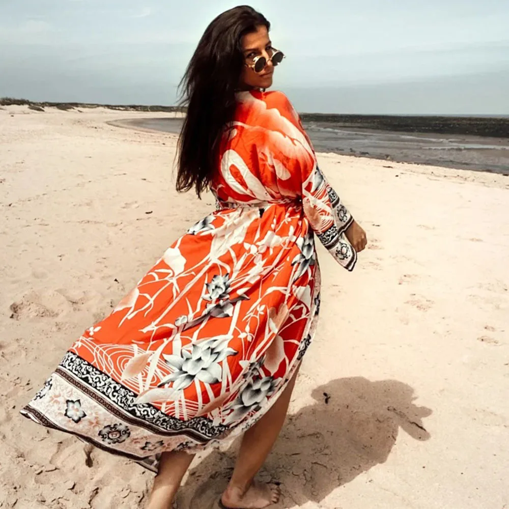 2024 Fashion Print Kaftan Open Front Bikini Cover Ups for Women Summer Quick Dry Beach Dress with Belt Swim Ropa Mujer Vestido