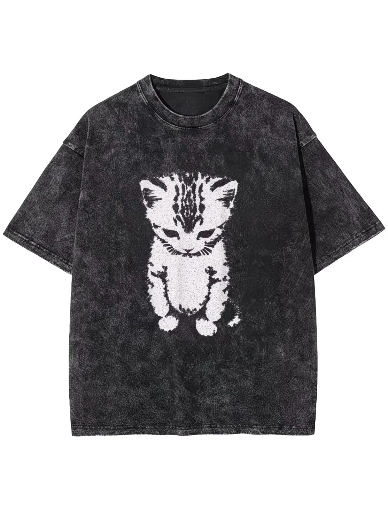 El Gato Sad Kitten Funny Emoji Sad Crying Munchkin Cat Trendy T-shirt Men's and Women's Washed T-shirt Short Sleeve Top