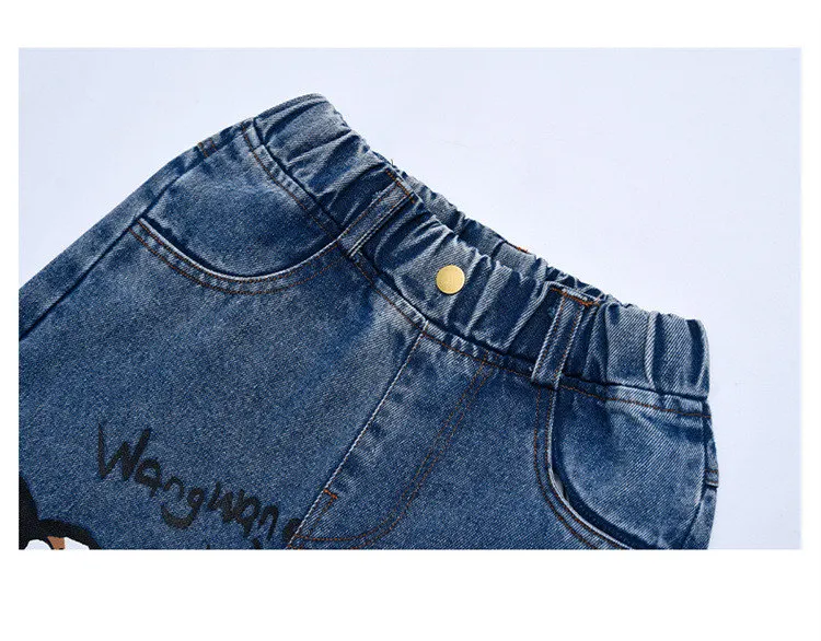 Heißer Verkauf: Blaue Jeans für Teenager-Mädchen mit Cartoon-Print, elastischem Mittelbund, lockerer Passform, Frühlingsmode, niedliche Kinderhose mit weitem Bein. – Detail 10