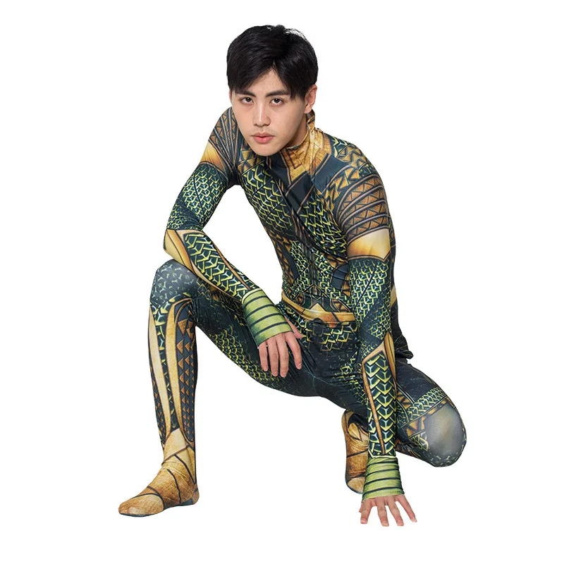 大人子供映画アクアマンコスプレ衣装スーパーヒーローアーサーカリーオリン全身タイツスーツスーツジャンプスーツハロウィンパーティードレスアップ