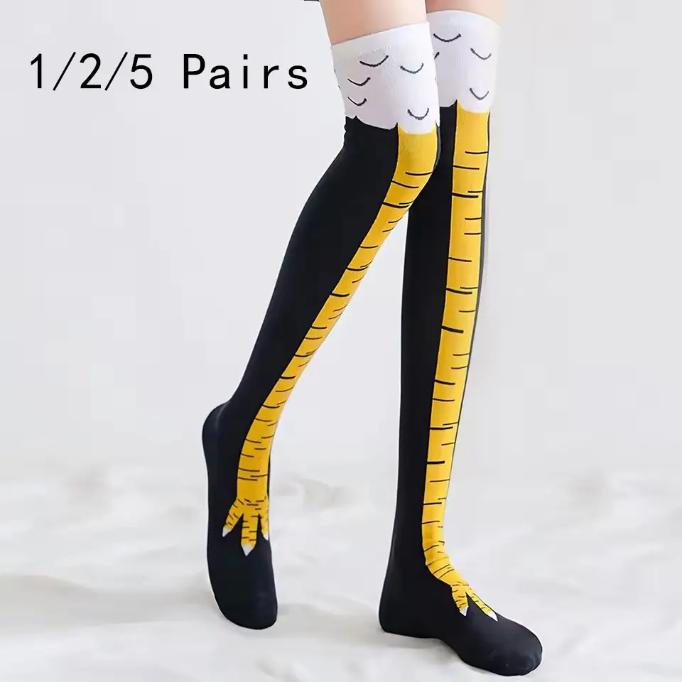 1/2/5 Pairs Women Knee High Socks Trendy Cartoon Funny Chicken Claw Socks Fitness Sports Casual Slim Leg Long Tube Socks Women