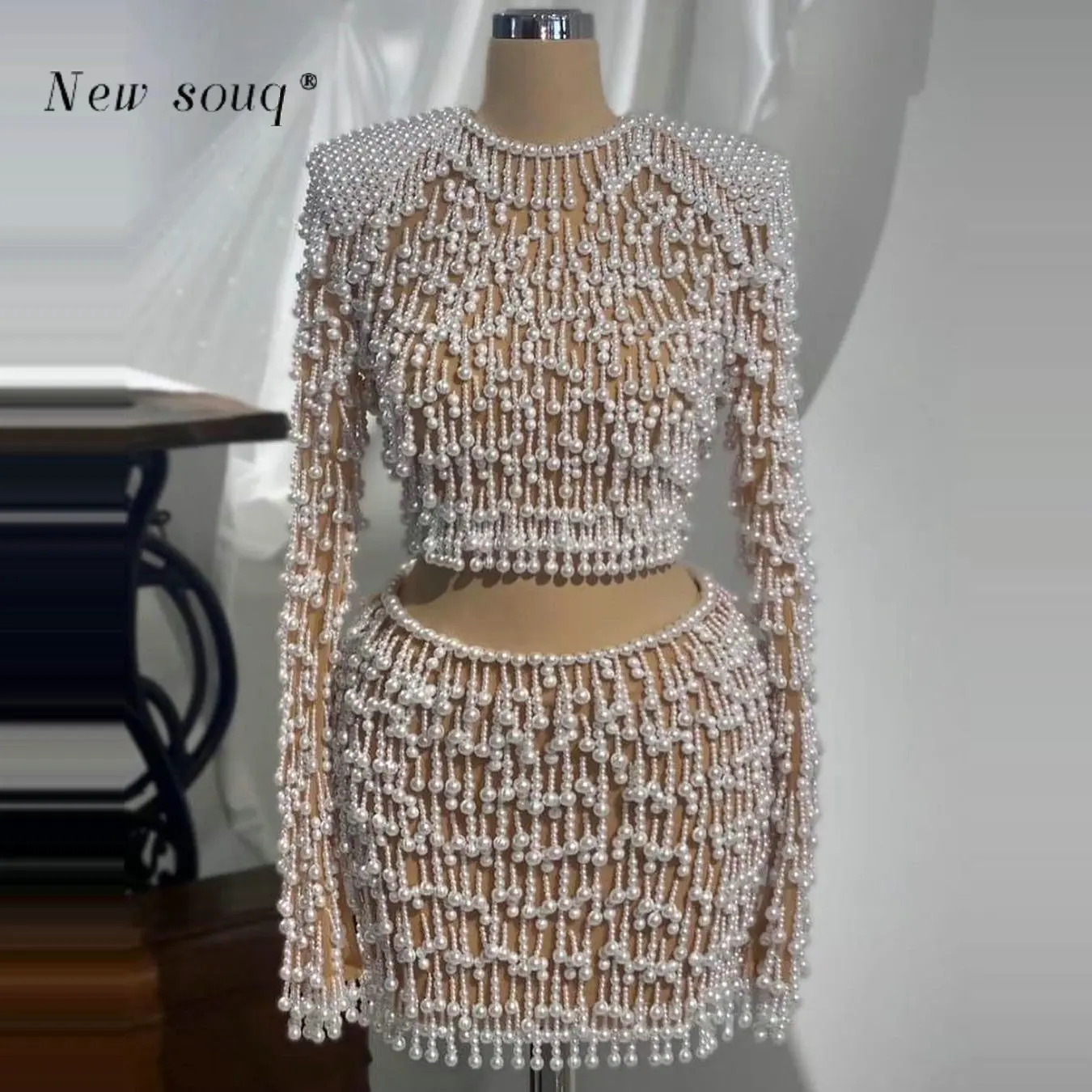 Dubai Sexy Two Pieces Heavy Pearls Beaded Long Sleeves Cocktail Party Dresses Luxury Short Homecoming Nightclub Prom Gowns