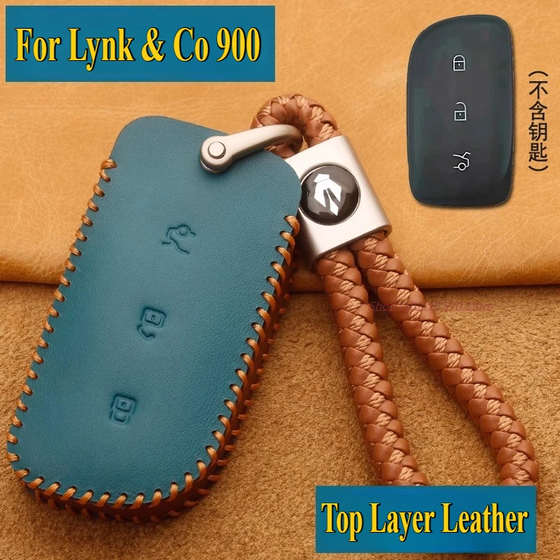 

For Lynk & Co 900 2005 Key Case Cover Genuine Leather High-Grade Remote Key Protective Shell Bag Keychains Car Accessories