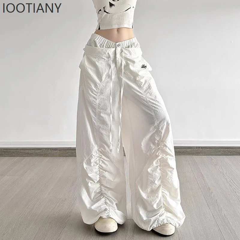 

IOOTIANY White Low Waist Women Pants Y2k Letter Embroidery Pleated Double Waist Wide Leg Trousers Korean Fashion Baggy Hip Hop