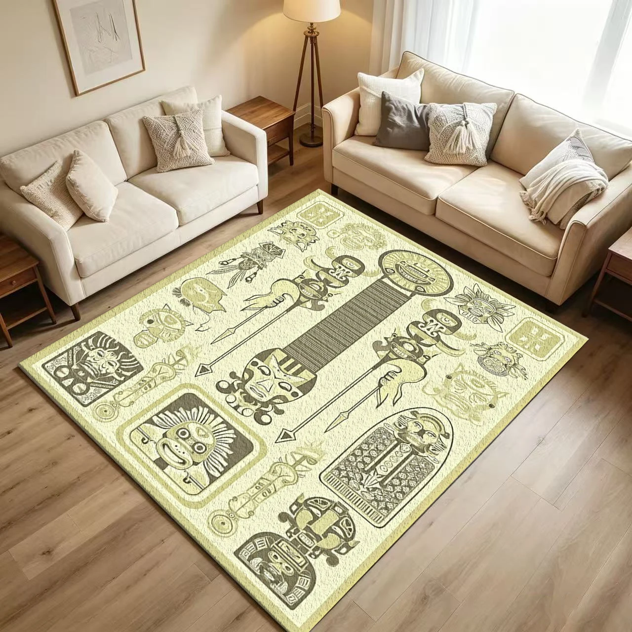 Tribal Totem Mask Art Carpet Flooring, Retro Primitive Ethnic Print Non-Slip Floor Rug for Home Office Decor