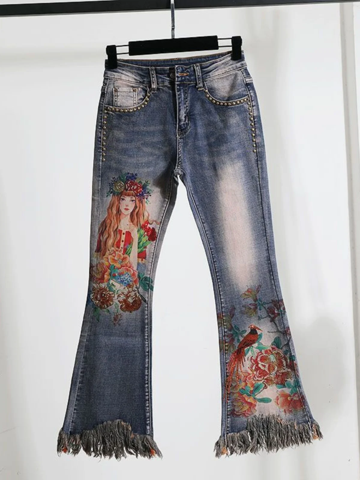 

High Waist Slimming Glitter National Sle Nine Points Harlan Flared Jeans Trendy Women's Cotton Stretch Denim Anti-Bacterial