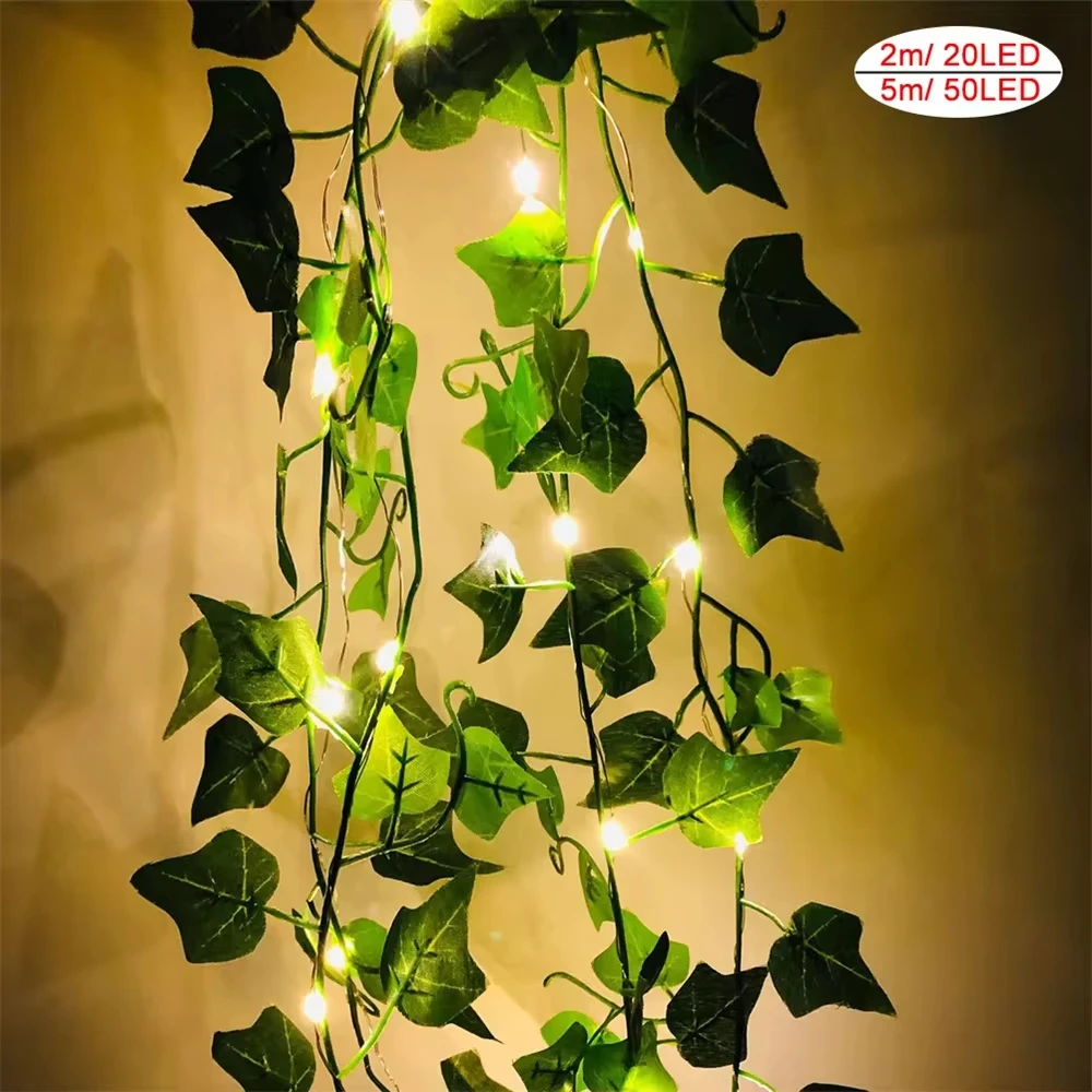 Flor folha verde luzes da corda alimentadas por bateria videira artificial luzes de fadas árvore de natal guirlanda luz para capina decoração casa