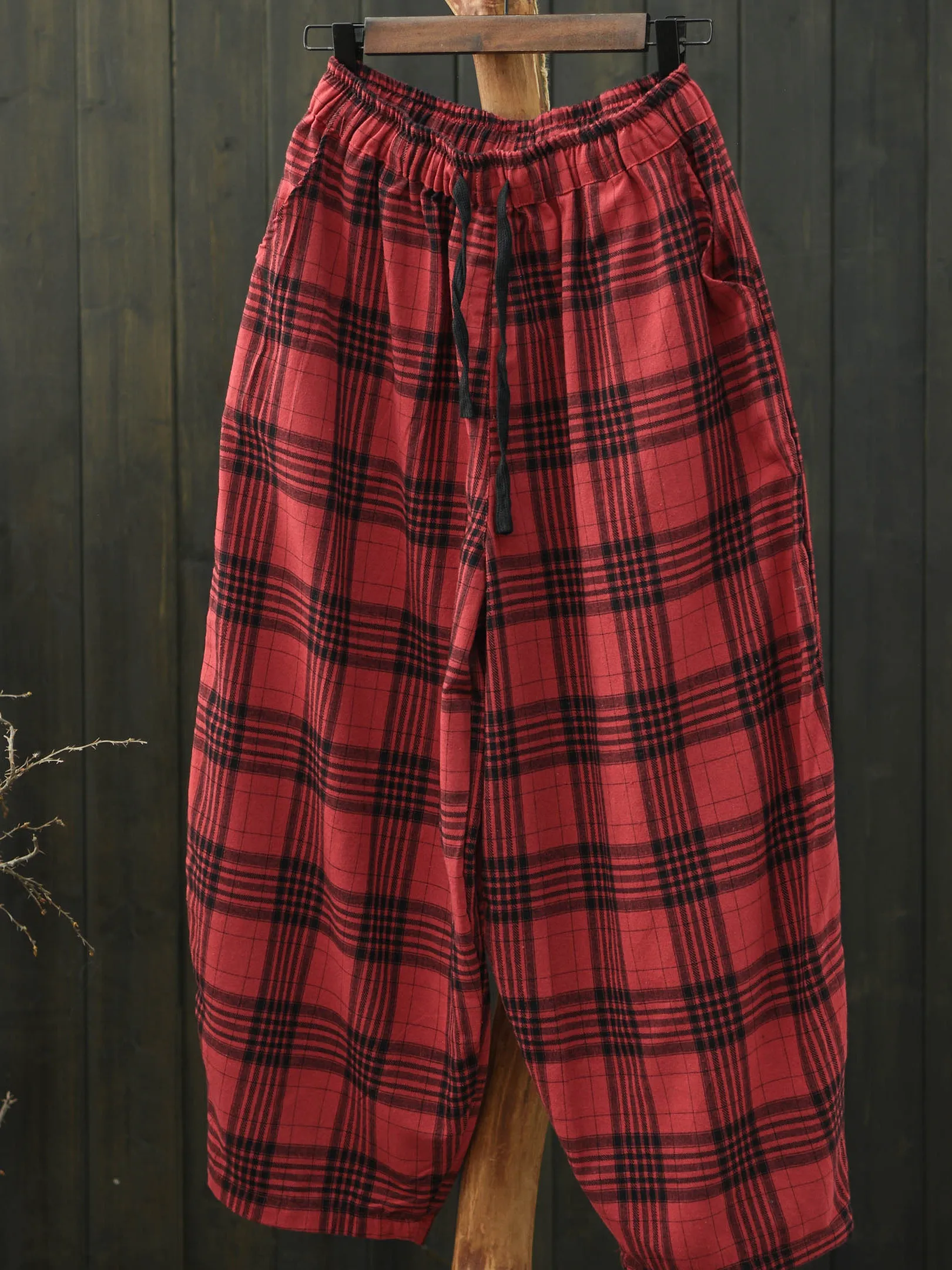 Casual Cotton Plaid Elastic Waist Lantern Pants Women's plus Size Loose Fit 2026 New Style Long Pants Comfortable Breathable