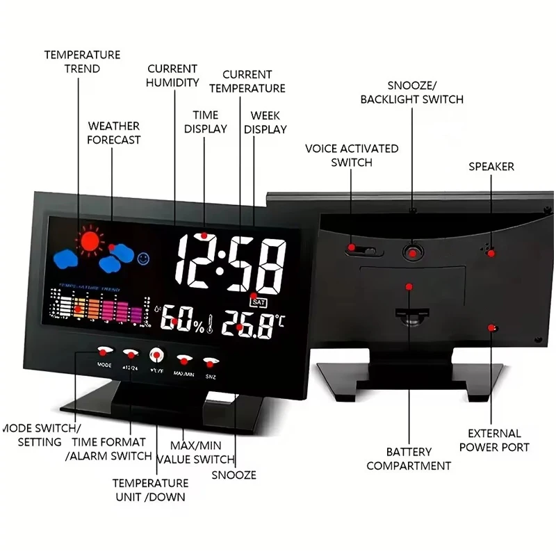 محطة الطقس الرقمية درجة الحرارة مقياس الرطوبة على مدار الساعة ميزان الحرارة الرطوبة التقويم درجة الحرارة الاتجاه إنذار مستوى الراحة
