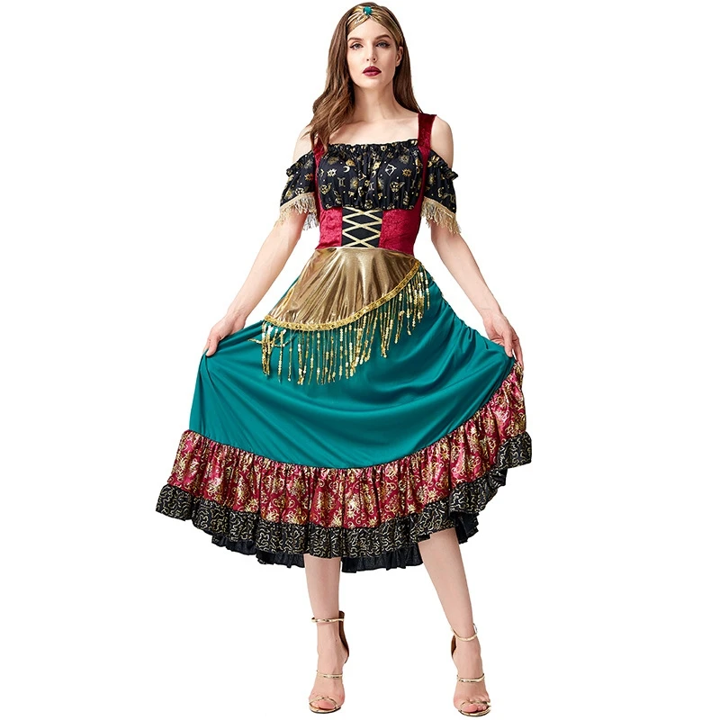 Women Halloween Gypsy Costume Sequin Tassels Dress with Diamond Headband Set for Cosplay Role-Playing Party Outfits