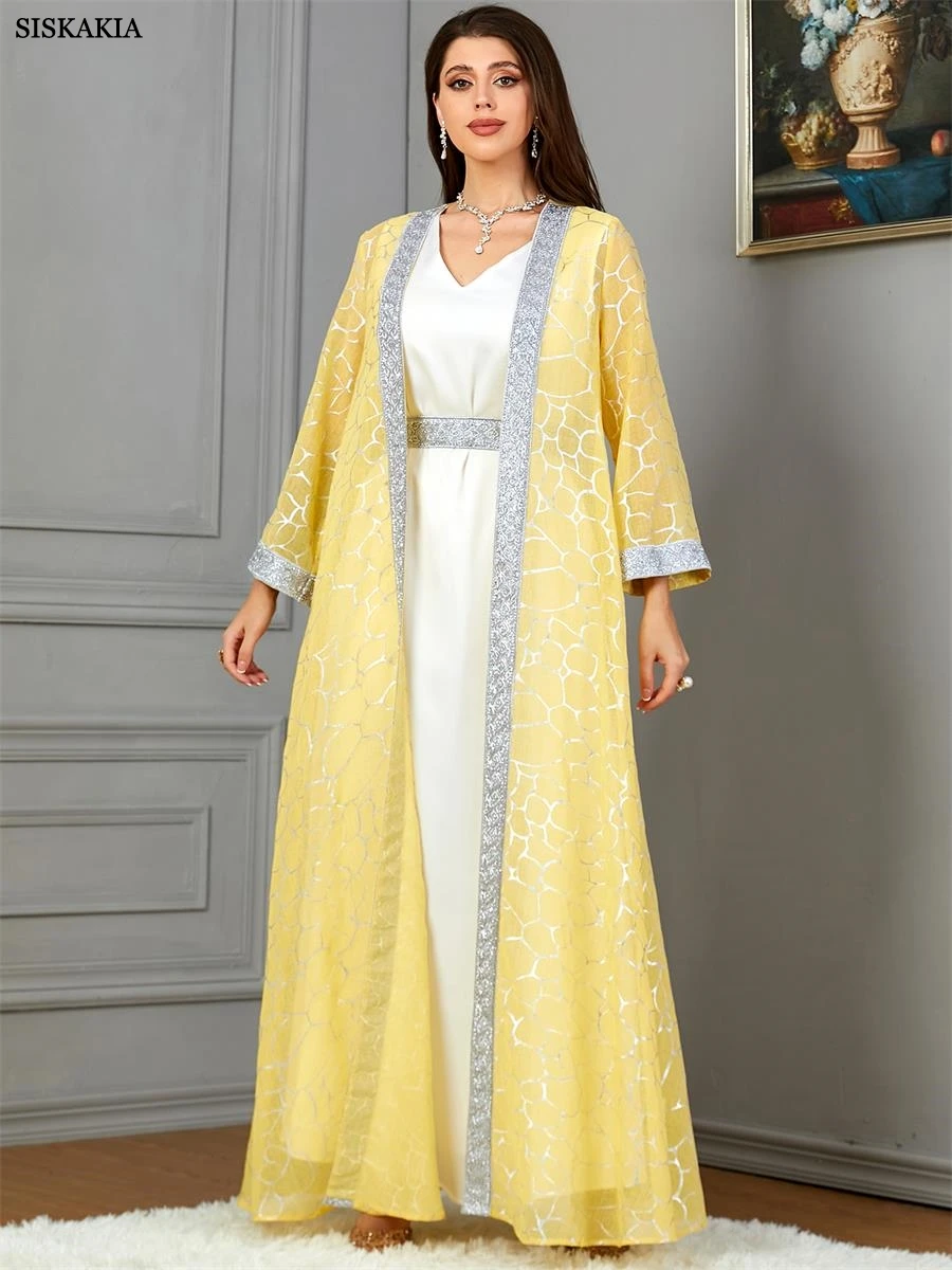 Siskakia Dubai Fashion Set Floral Gold Stamping Open Kimono And White Sleeveless Under Dress With Sashes Jalabiyat African Robe