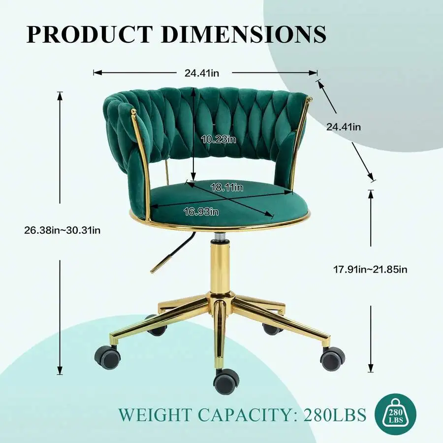 Velvet Office Desk Chair With Hand Woven Backrest, 360° Swivel & Height Adjustable Task Chairs, Makeup Chair, Living Room Chairs