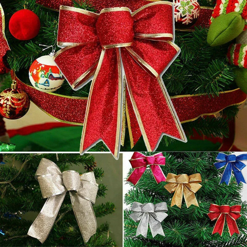 5Pcs Large Christmas Bows Decorations  Xmas Tree Garland Bowknot Hanging Ornaments For Home Party Fireplace Decor 22x21cm