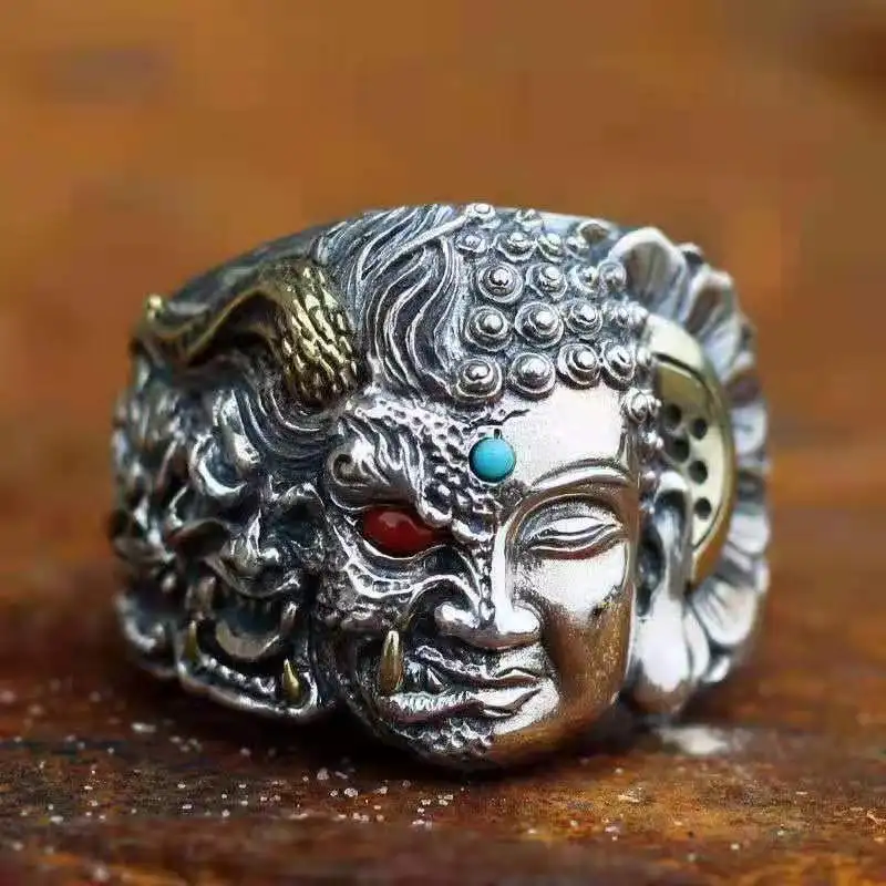 Buddha Devil Ring Men's Retro Domineering Half Personality Fashion Punk Ring EDC Tools
