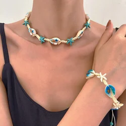 Summer Ocean Wind Cartoon Shell Jewelry Set Women's Bohemian Creative Weaving Turtle and Sea Star Necklace Bracelet