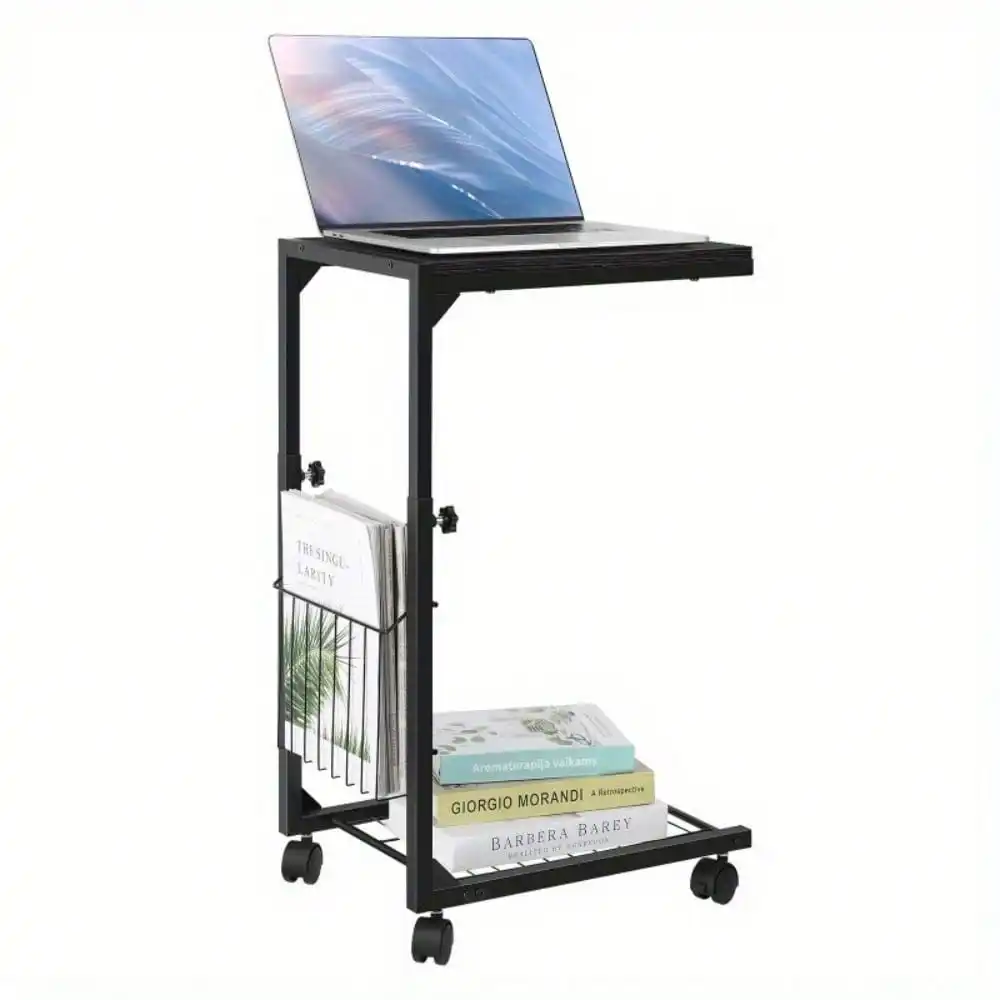 Adjustable C Table Side Table Bedroom Rolling End Table w/ Storage Basket Shelf