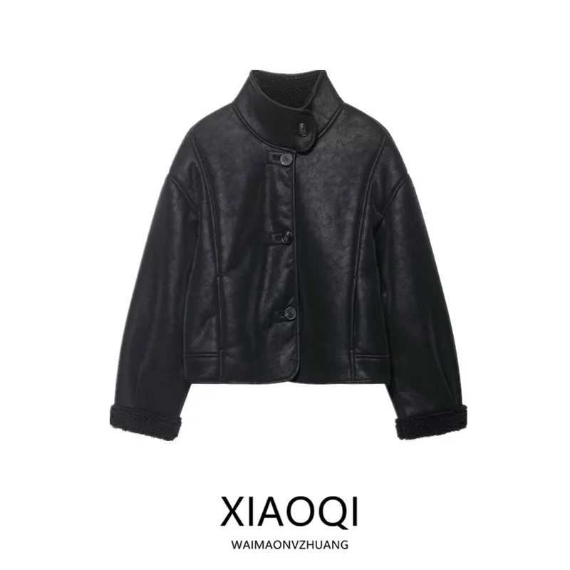 Double-Sided Faux Leather Jacket Women's Fashion Versatile Autumn New Arrival Warm Long Sleeve High Collar Button Closure Coat