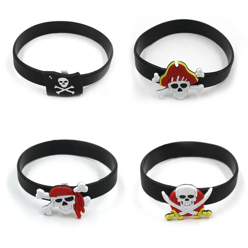 Pulseras de calavera pirata para niños, pulsera de anillo, decoración de fiesta de cumpleaños temática de pirata caribeño