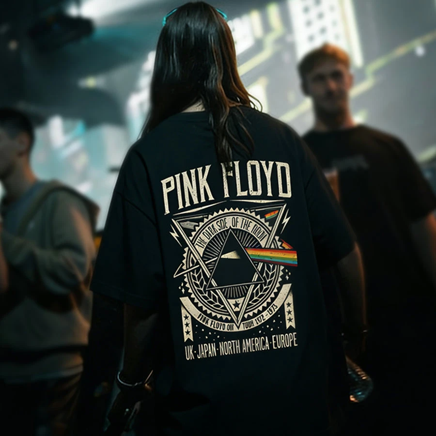 Image of Pink Floyd World Tour Prism Graphic Washed Cotton T-Shirt Unisex Oversized 240GSM Kurzarm Harajuku Streetwear Casual Tops