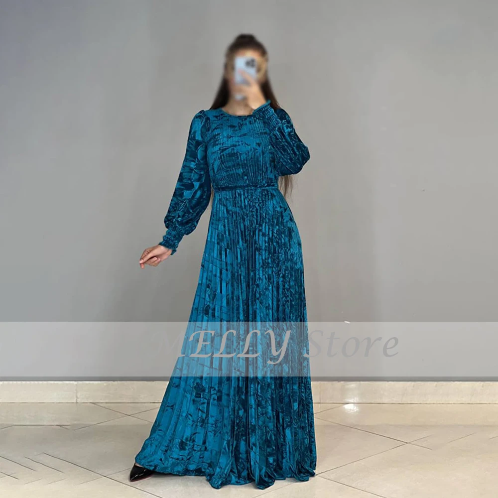 Classic Blue Evening Dresses For Women 2023 O-Neck Full Sleeves Prom Gowns Velvet A-Line Floor Length فساتين مناسبة حسب الطلب