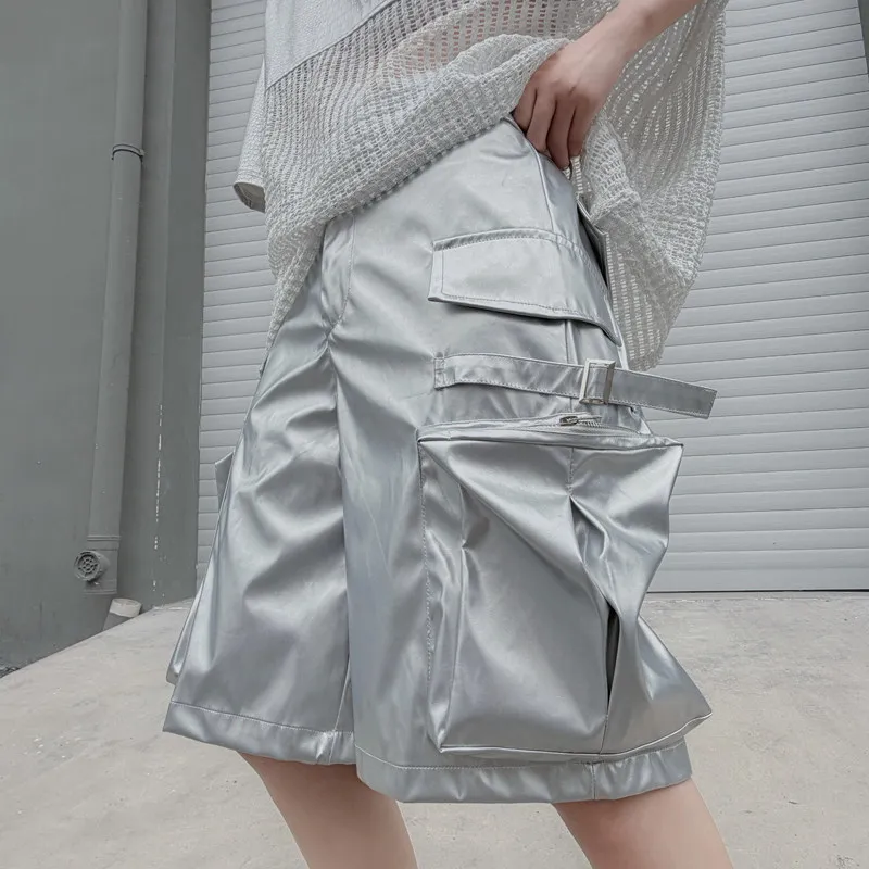 Hip Hop Cargo Pants for Man Streetwear Multi-pockets Straight Fit Silver Unisex Shorts DJ Club Dance Stage Performance Costume