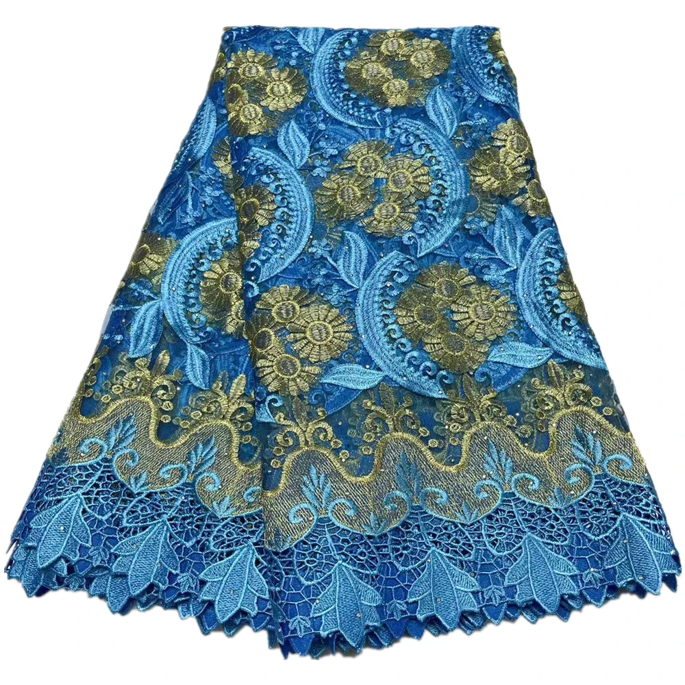 

African Lace Fabric with Stones, Golden Embroidery, High Quality, Latest French Lace, 5 Yards/Lot, 2023