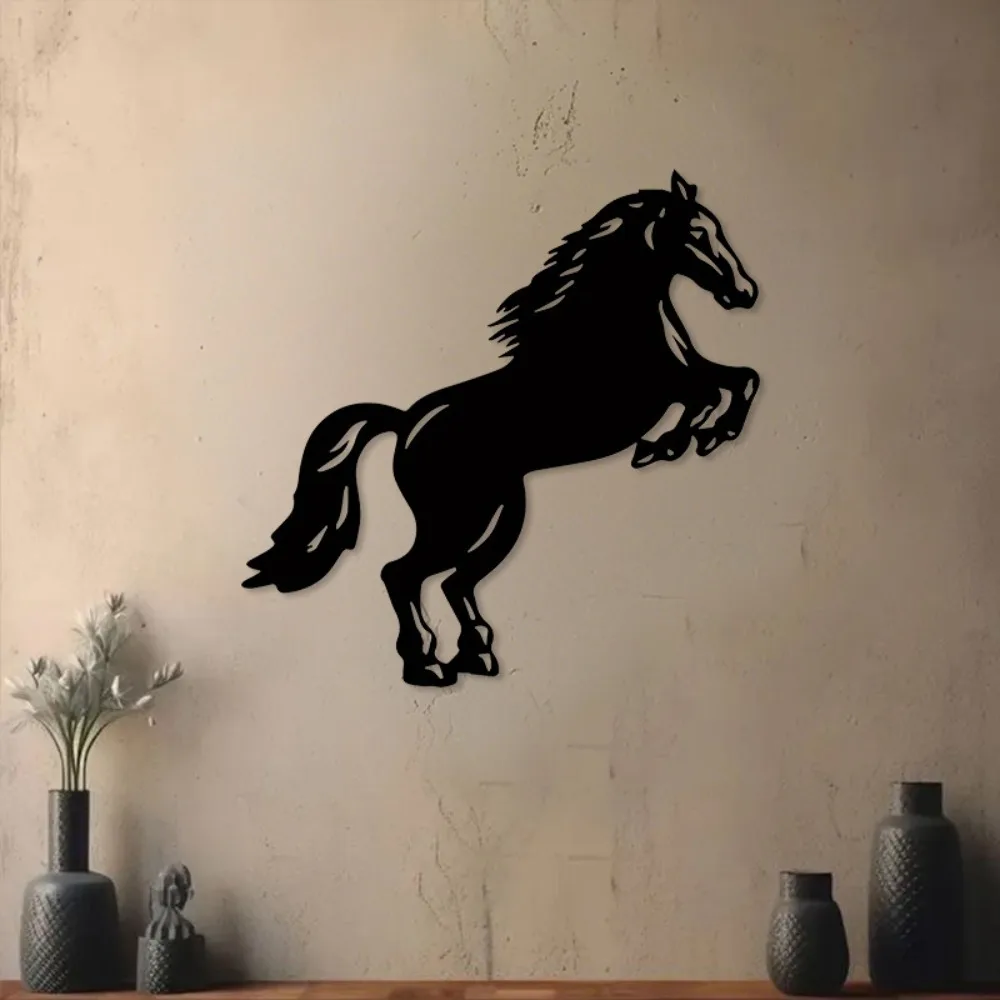 Arte de pared vintage de caballo de metal, placa decorativa de hierro negro, letrero plano 2D para jardín o patio